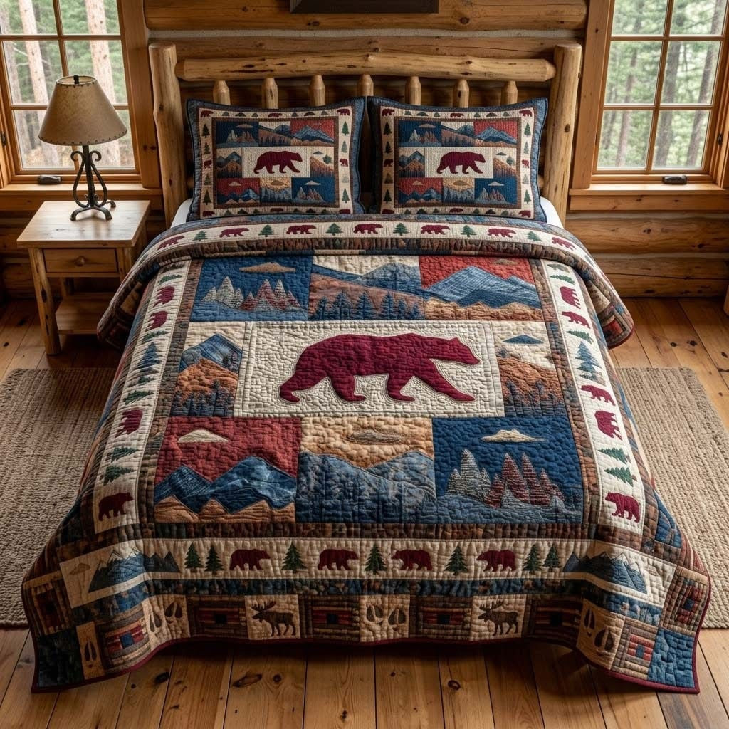 Crimson Bear Quilted Bedding Set Wilderness Style Comforter Gift Decor For Home - Letlap