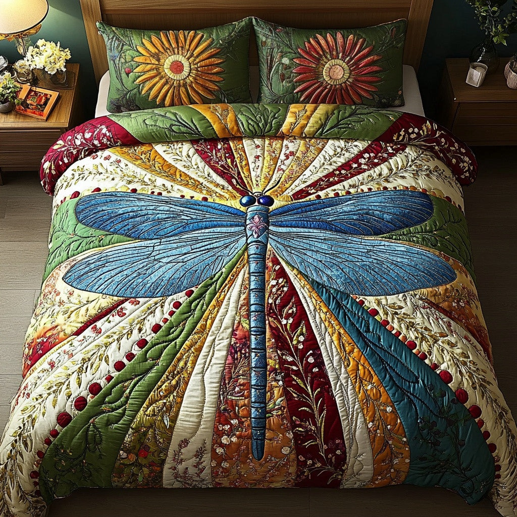 Dragonfly Quilted Bedding Set Nature Dragonfly Sun Floral Comforter Gift for Neighbors - Letlap
