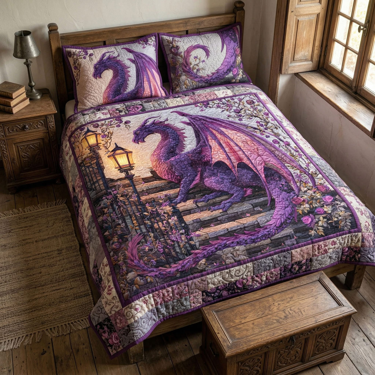 Fantasy Art Violet Dragon Quilted Bedding Set Dragonfire Comforter Gift For Home - Letlap