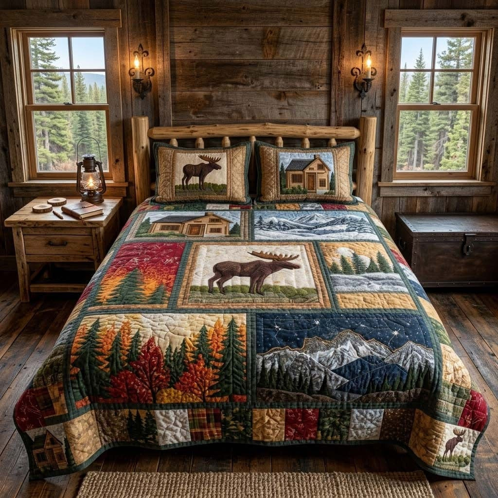 Forest Theme Majestic Moose Mountain Quilted Bedding Set Nature Comforter Gift For Dad - Letlap