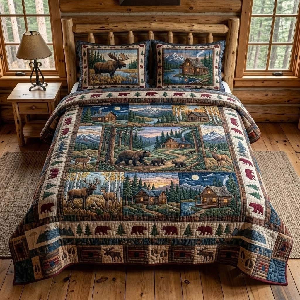 Rustic Lodge Wildlife Moose Cabin Quilted Bedding Set Bear Walking Comforter Gift For Nature - Letlap