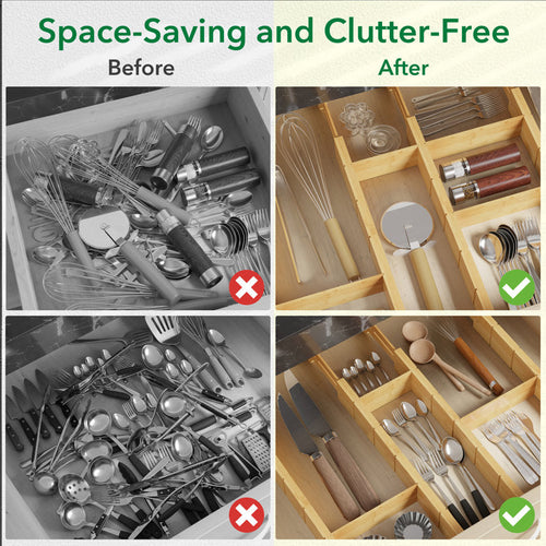 Bamboo Drawer Dividers with Inserts - Adjustable Kitchen Organizers