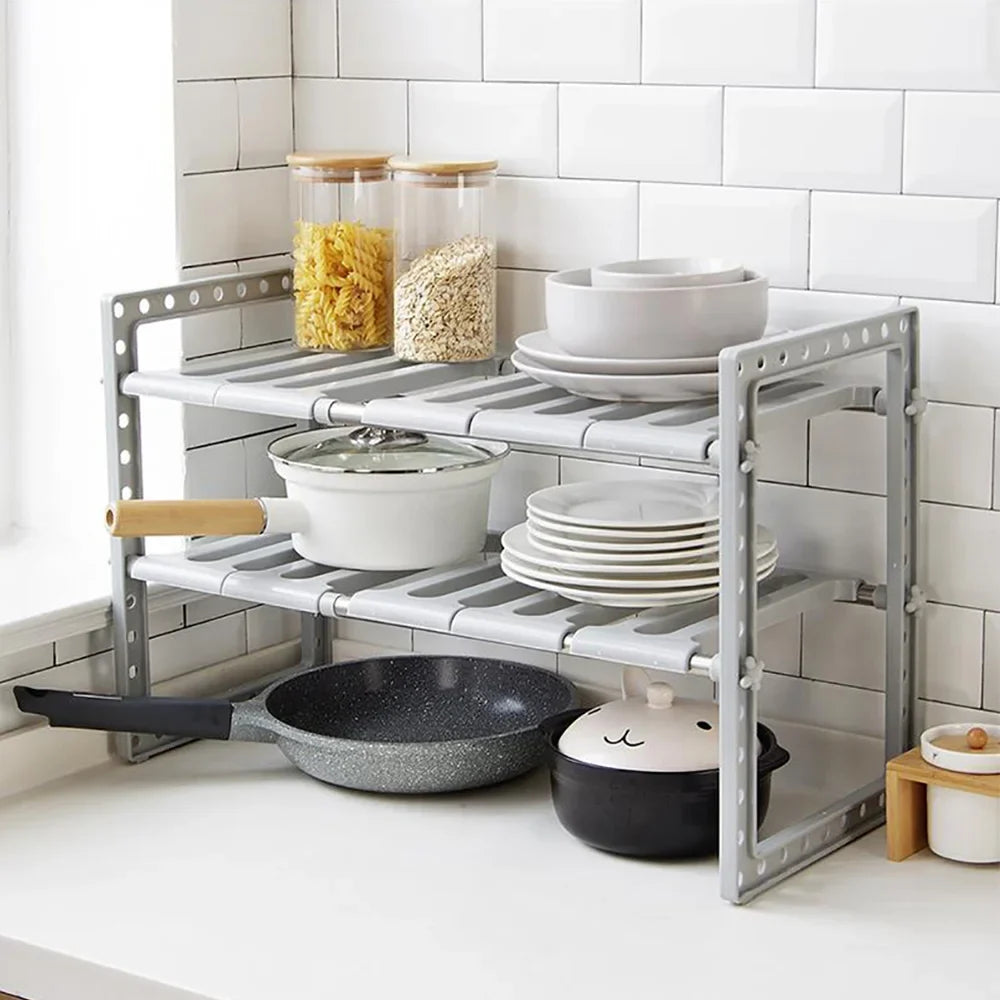 2-Tier Expandable Under Sink Organizer Stainless Steel Storage Shelf