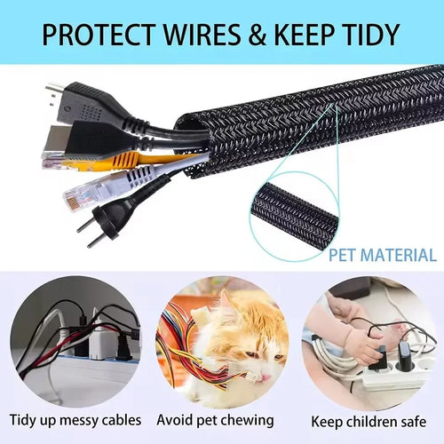 Braided Expandable Cable Sleeve - PET Wire Protector for Desk & PC