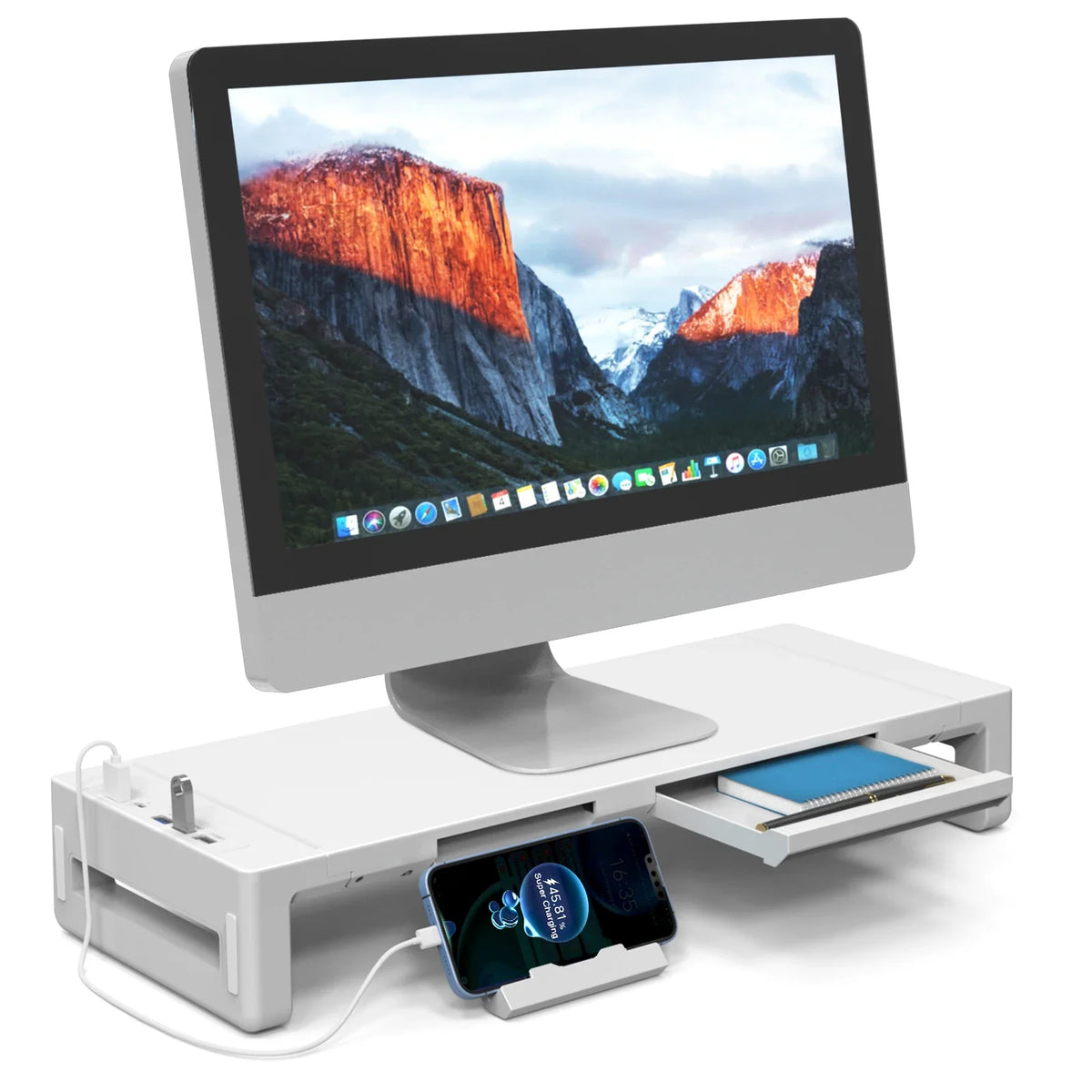 Foldable Monitor Stand Riser with Storage Drawer & Phone Holder