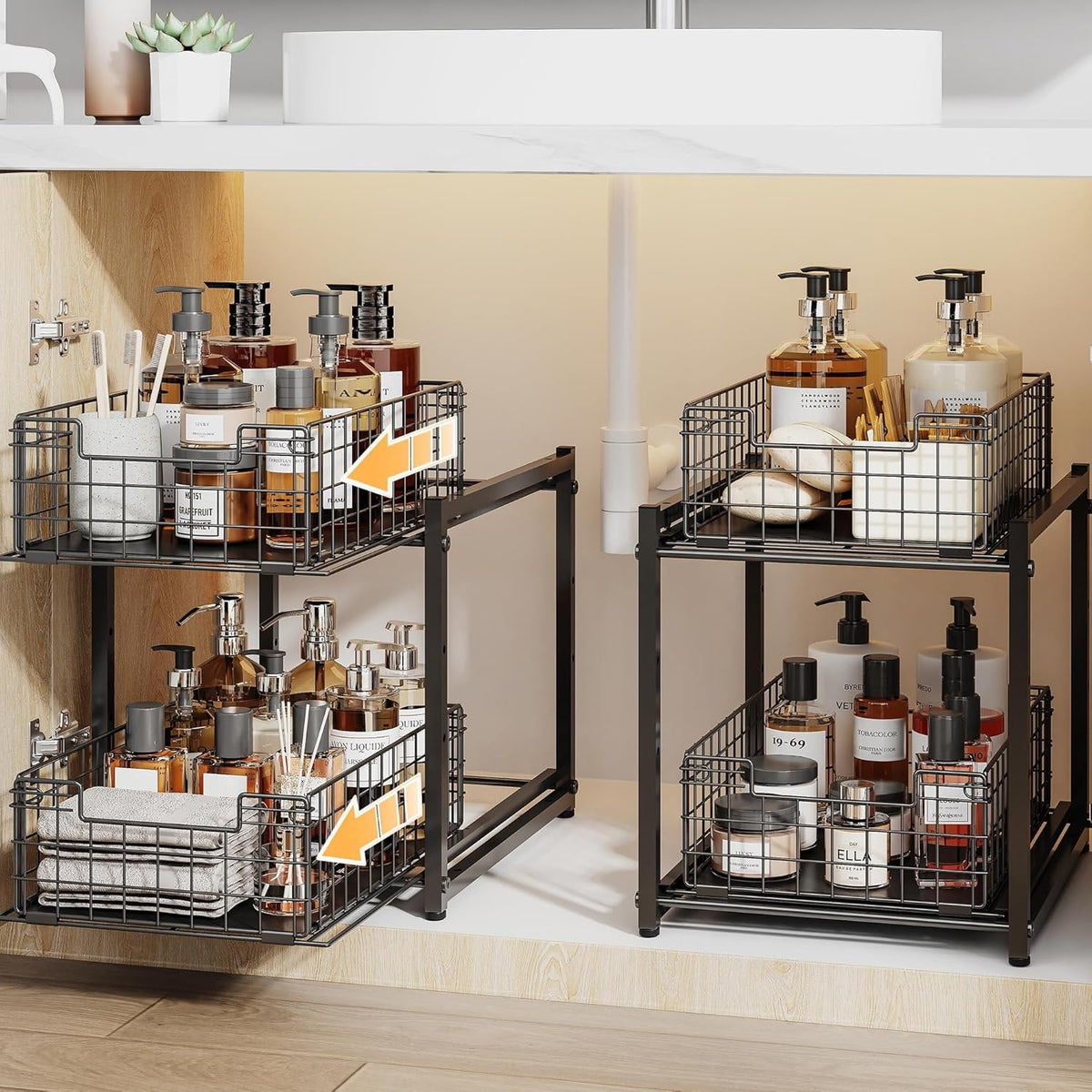 2-Tier Pull Out Under Sink Organizer - Carbon Steel Cabinet Storage
