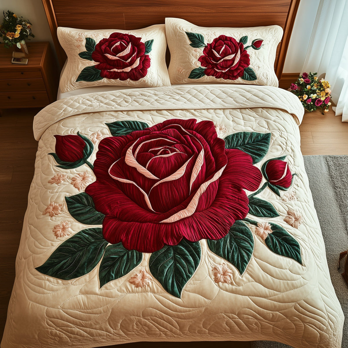 Timeless Scarlet Bloom 3-Piece Quilted Bedding Set GFTOTP5516