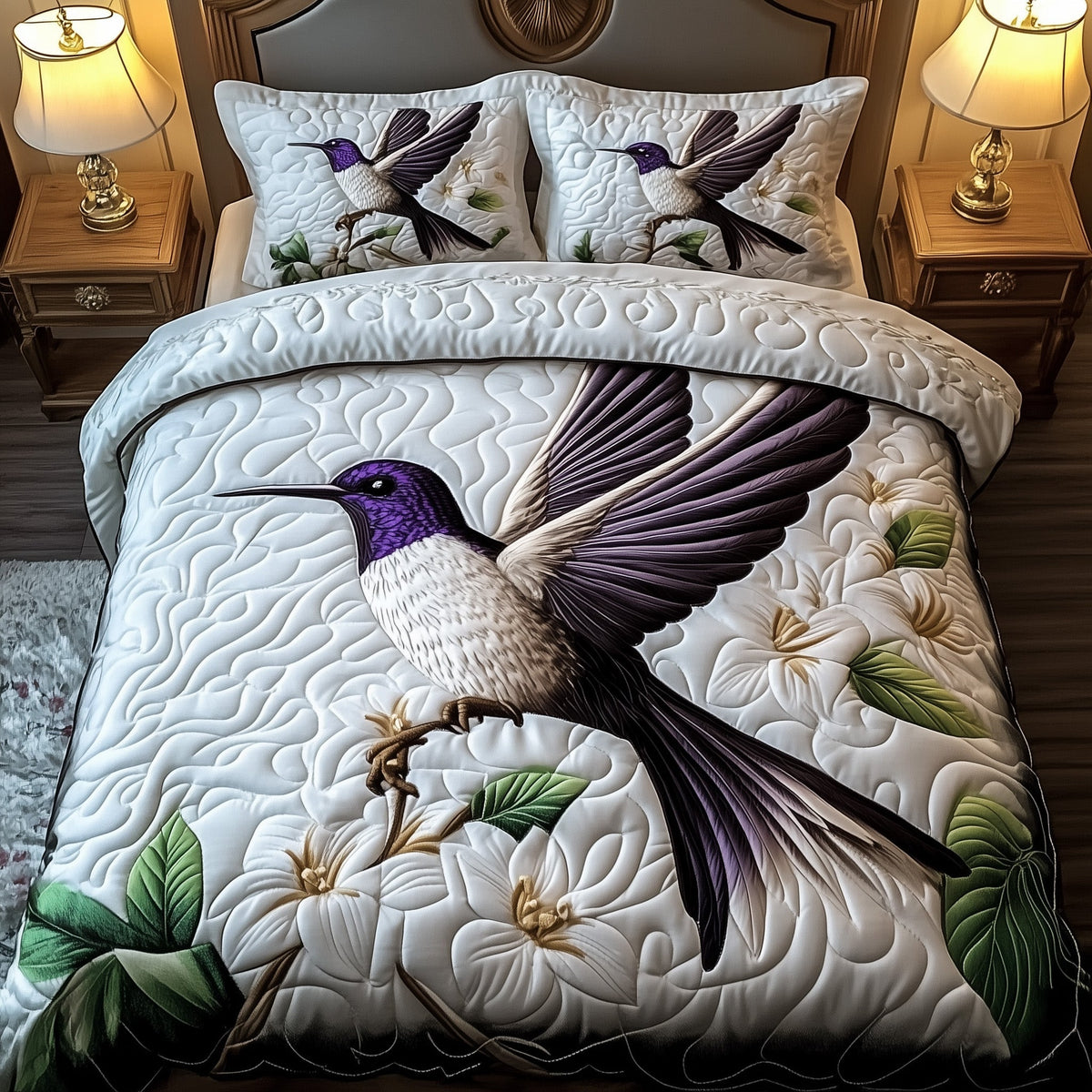 Hummingbird Bloom Symphony 3-Piece Quilted Bedding Set GFTOHD6030