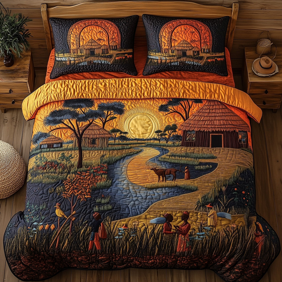 African Village 3-Piece Quilted Bedding Set GFTOHD4367