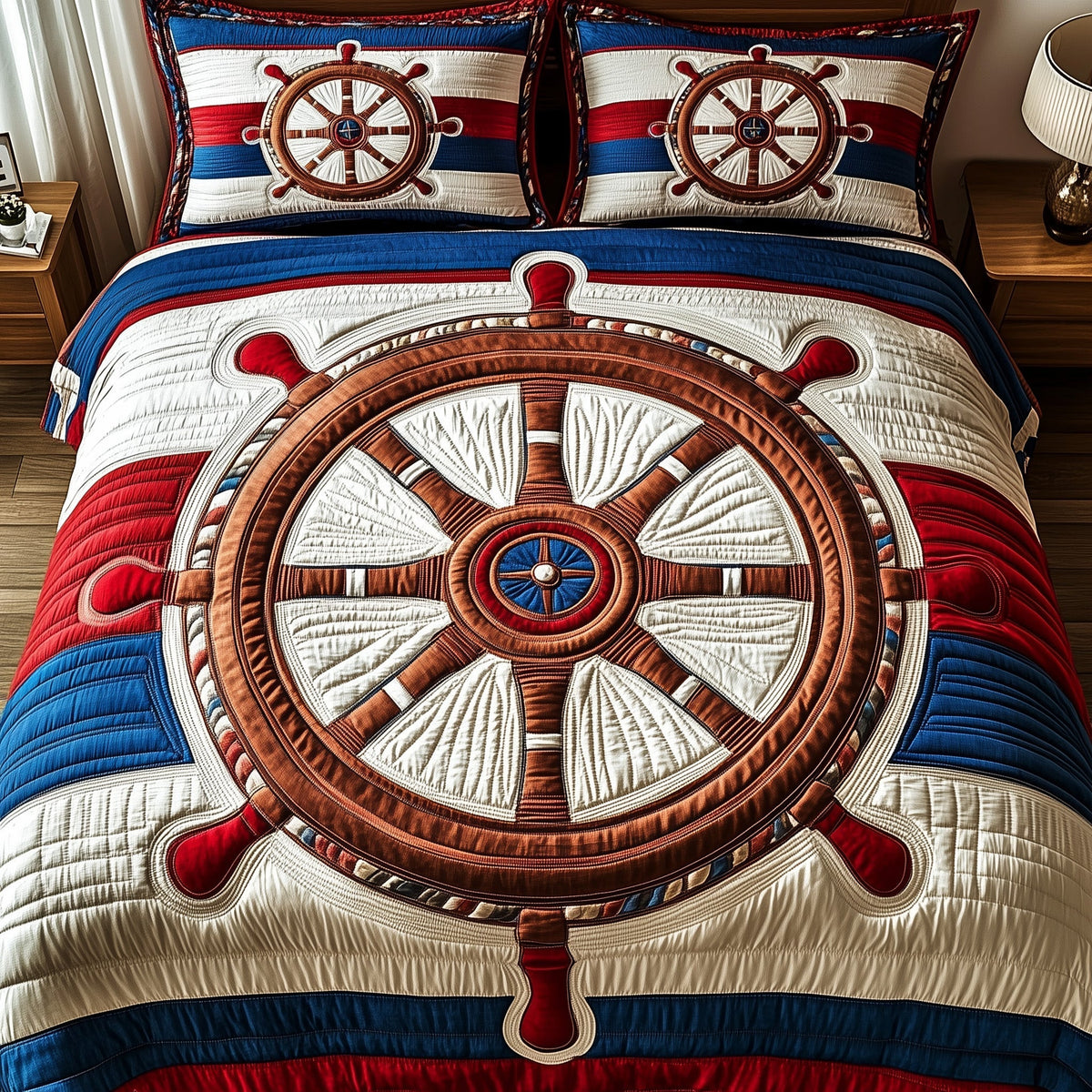 Nautical Ship Wheel 3-Piece Quilted Bedding Set GFTOTP4645