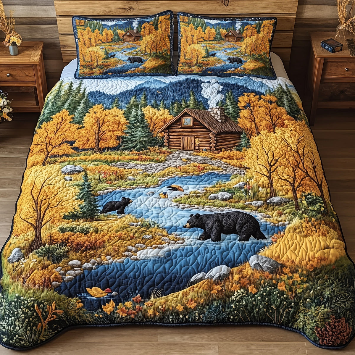 Bear and Cabin 3-Piece Quilted Bedding Set GFTOHD5405