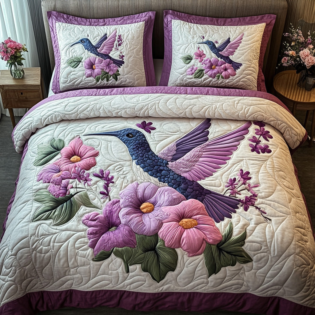 Purple Hummingbird 3-Piece Quilted Bedding Set GFTOTL2946