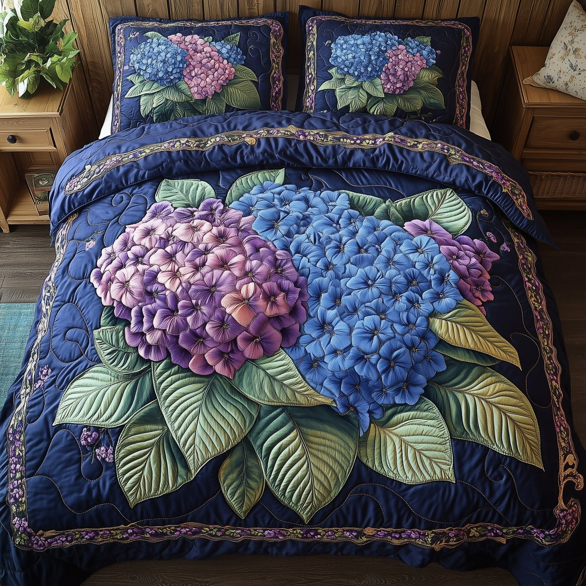 Hydrangea Floral Bliss 3-Piece Quilted Bedding Set GFTOHD5278