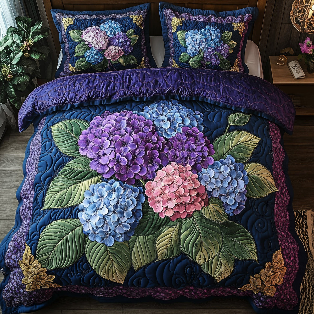 Hydrangea Bloom Elegance 3-Piece Quilted Bedding Set GFTOHD5259